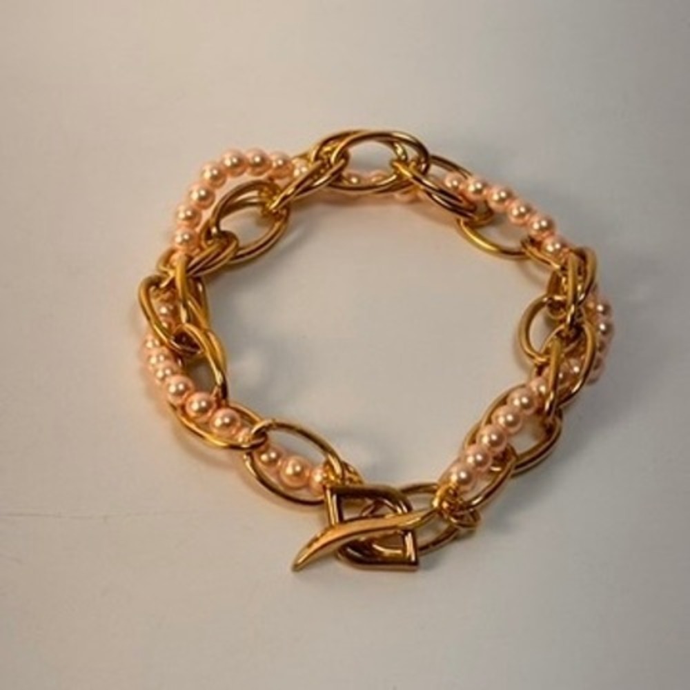 Chain Link Bracelet Gold Peach Pearl Toggle Clasp Boho Chic Preppy Statement 90s